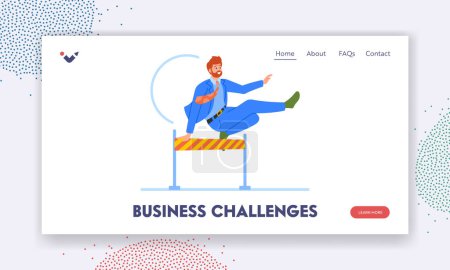 Illustration for Business Challenges Landing Page Template. Fit And Focused Man Races, Jumps And Leaps Over Obstacles In His Path. Motivational Business-related Concept Symbolizing Agility. Cartoon Vector Illustration - Royalty Free Image