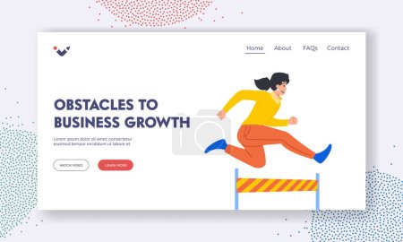 Illustration for Obstacles to Business Growth Landing Page Template. Businesswoman Races And Jumps Over Hurdles In A Competitive Track Event with Athleticism, Agility And Determination. Cartoon Vector Illustration - Royalty Free Image