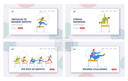 Illustration for Business Growth Landing Page Template Set. People Running, Male Female Characters Competing In Race With Obstacles, Overcome Challenges and Adversity In Corporate World. Cartoon Vector Illustration - Royalty Free Image