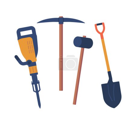 Illustration for Coal Miner Equipment Such As Drilling Hammer, Sledgehammer Pickaxe and Shovel Isolated on White Background. Tools for Working on Quarry or Opencast. Cartoon Vector Illustration - Royalty Free Image