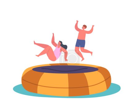 Illustration for Little Boy And Girl Having Fun Jumping On Trampoline at Summer Vacation or Weekend. Kids Joy, Childhood, Children Characters Enjoy Life Isolated on White Background. Cartoon People Vector Illustration - Royalty Free Image
