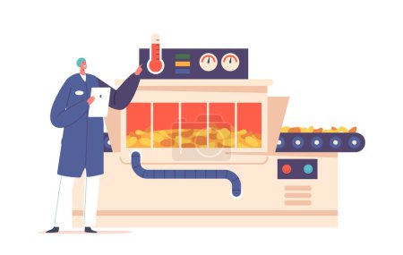 Ilustración de Proceso de control obrero de papas fritas horneando en fábrica. Las patatas se cortan, se lavan y se fríen en aceite caliente, luego se trasladan al proceso de desengrasado antes de condimentar y empaquetar. Ilustración de vectores de dibujos animados - Imagen libre de derechos