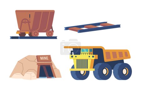 Ilustración de Surtido de atributos de minero de carbón, como carro ferroviario, camión y entrada de cantera, que promueven el trabajo minero, suministros, herramientas y equipos a cielo abierto. Ilustración de vectores de dibujos animados - Imagen libre de derechos