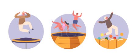 Ilustración de Niños felices rebotando con emoción en el trampolín experimentando la emoción de saltar. Salas de fiestas para niños, alquiler de trampolín o iconos de productos de estilo de vida activo. Dibujos animados Gente Vector Ilustración - Imagen libre de derechos