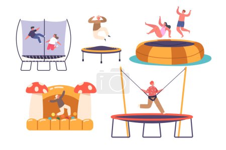 Téléchargez les illustrations : Petits enfants sautant et sautant sur le trampoline à la journée ensoleillée d'été. Les amis célèbrent la fête, s'amusent le week-end. Petit personnage mignon s'amuser et jouer. Illustration vectorielle des personnages de bande dessinée - en licence libre de droit