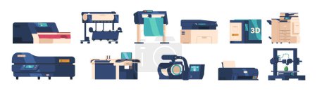 Illustration for Printer And Plotter Are Computer Peripherals Used To Produce Hard Copies Of Digital Data. Text And Graphics In Low Volumes, High-quality, Large-scale Graphics And Technical Drawings. Cartoon Icons - Royalty Free Image