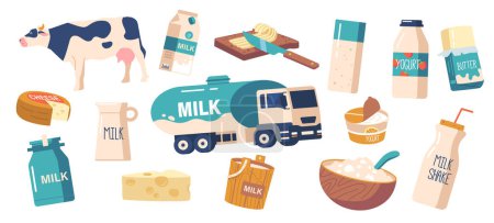 Ilustración de Set de iconos de leche y productos lácteos. Productos lácteos frescos y de alta calidad, como queso, yogur, mantequilla y leche. Elementos de alimentos y bebidas para publicidad, libros de recetas. Ilustración de vectores de dibujos animados - Imagen libre de derechos