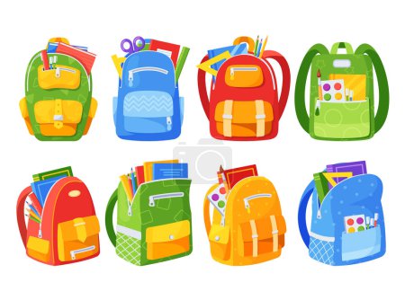 Illustration for Set Of Colorful School Bags With Tools, Supplies, Notebooks, And Pencil Cases. Isolated Icons Perfect For Advertising School Supplies, Backpacks, Or Childrens Accessories. Cartoon Vector Illustration - Royalty Free Image