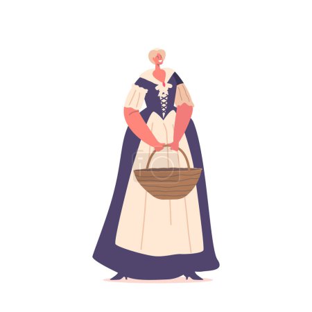 Illustration for Peasant Woman Character Wearing 18th-century Attire, Including A Bonnet, Bodice, And Skirt, Showcase Traditional Rural Lifestyle, Historical Or Cultural Theme. Cartoon People Vector Illustration - Royalty Free Image