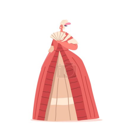 Téléchargez les illustrations : Femme vêtue d'une élégante tenue du XVIIIe siècle, accompagnée d'une longue robe, d'une jupe à cerceau et d'une perruque en poudre. Caractère féminin représente le style, la culture et la mode de l'ère. Illustration vectorielle des personnages de bande dessinée - en licence libre de droit
