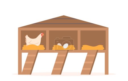 Illustration for Chicken Depicted In A Coop Nest With Eggs, Surrounded By Straw And Hay. The Image Has A Rustic Feel And Can Be Used For Agriculture Or Animal-related Content. Cartoon Vector Illustration - Royalty Free Image