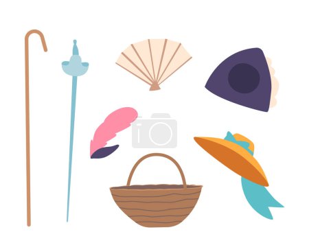 Ilustración de Set de accesorios del siglo XVIII Iconos como bastón de caminar, estoque, abanico y pluma, canasta de mimbre, sombreros masculinos y femeninos aislados sobre fondo blanco. Ilustración de vectores de dibujos animados - Imagen libre de derechos