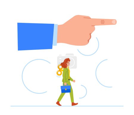 Illustration for Clockwork Toy Businesswoman Walk Big Boss Hand Controlling her Direction. Leadership, Subordination, Business Automation Corporate Concept. Cartoon People Vector Illustration - Royalty Free Image