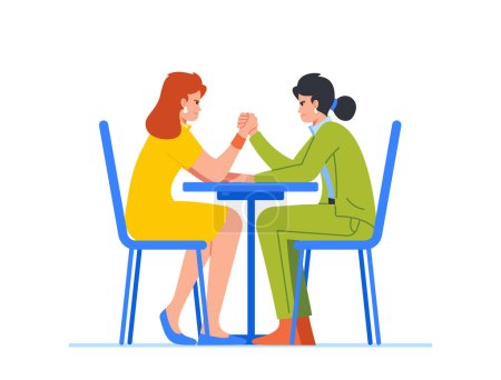 Illustration for Two Businesswomen Arm-wrestling With Intense Expressions, Displaying Their Competitive Nature, Spirit Of Rivalry, Strength, And Determination. Business Competition And Women Empowerment Vector Concept - Royalty Free Image
