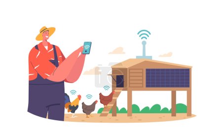 Vektor für Farmer Character Control Huhn mit Wifi auf Smart Farm. Fortschrittliche Technologie, die Echtzeit-Überwachung der Umweltbedingungen bietet, optimiert die Produktivität. Cartoon People Vektor Illustration - Lizenzfreies Bild