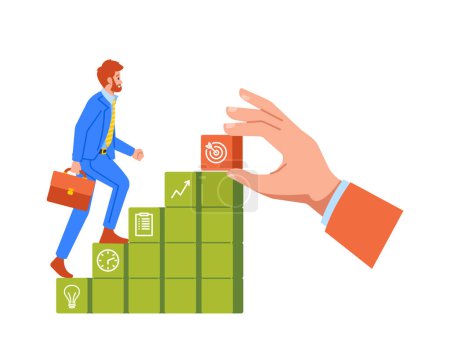 Illustration for Boss Hand Help to Business Person Ascending Stairs. Concept of Mentorship And Support In The Corporate World To Achieve Success And Overcome Challenges. Cartoon People Vector Illustration - Royalty Free Image