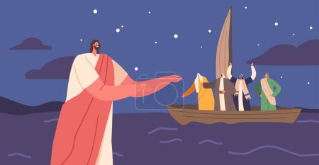 Illustration for Biblical Scene Depicting Jesus Walking On Water, With His Apostles Sitting In Boat. Concept of Faith And Miracles, Religious Spiritual Narrative about Son of God. Cartoon Vector Illustration - Royalty Free Image