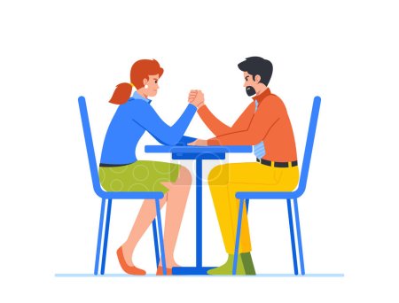 Illustration for Businesswoman And Man Competing In An Arm-wrestling Match, Displaying Strength And Determination. Business Competition, Overcoming Challenges In The Workplace. Cartoon People Vector Illustration - Royalty Free Image