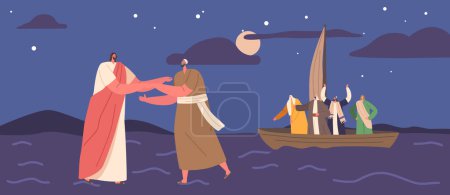 Illustration for Biblical Scene Jesus And Peter Walk On Water While Apostles Sit In A Boat. The Image Depicts Faith, Miracles, And Spiritual Beliefs For Religious, Or Spiritual Theme. Cartoon Vector Illustration - Royalty Free Image