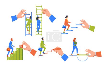 Illustration for Set Boss Lending A Helping Hand To Business Persons Struggling To Climb The Stairs. Concept of Supportive Mentor who Helps Overcome Obstacles In Journey To Success. Cartoon People Vector Illustration - Royalty Free Image