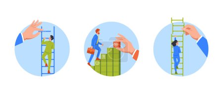 Boss Help Business Persons Climb The Stairs Isolated Round Icons Emphasizing Importance Of Guidance And Leadership. People Apply Mentorship Support To Reach The Goals. Cartoon Vector Illustration