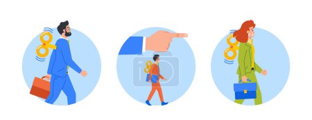 Illustration for Clockwork Toy Businesspeople Walk In Unison As A Big Boss Hand Controls Their Direction Isolated Round Icons. Concept Of Controlled Personnel, Or Human Resources. Cartoon People Vector Illustration - Royalty Free Image