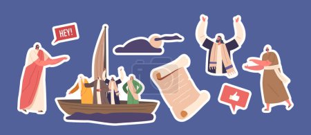 Illustration for Set of Biblical Stickers Jesus Christ Walking On Water, Apostles or Disciples Sitting In Boat. Religious Or Spiritual Concept with Miraculous Event, Bible Patches. Cartoon People Vector Illustration - Royalty Free Image
