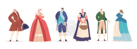Illustration for Men And Women in Elegant 18th Century Attire, Exuding An Air Of Sophistication, Grace, Style And Fashion Of The Time, Historical Or Costume-related Concept with People. Cartoon Vector Illustration - Royalty Free Image
