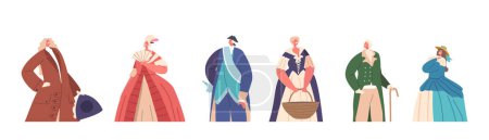 Illustration for Upper-class Male and Female Character From The 18th Century Dressed In Ornate Clothing, Powdered Wigs Promote Social Status And Etiquette. Ladies and Gentlemen Cartoon People Vector Illustration - Royalty Free Image