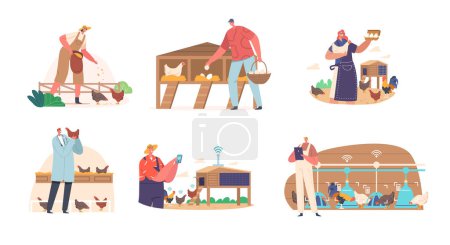 Illustration for Set of Characters Tending To Chickens On Farm, Feeding And Ensuring Their Well-being. Concept of Livestock Farming Promote Agricultural Or Animal Welfare Themes. Cartoon People Vector Illustration - Royalty Free Image
