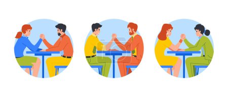 Illustration for Business People Engaged In An Arm-wrestling Match Isolated Round Icons Displaying Strength, Competition And Determination. Deal, Negotiations, Strength, Rivalry Struggle. Cartoon Vector Illustration - Royalty Free Image