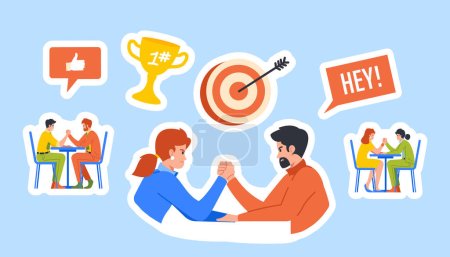 Illustration for Set of Stickers with Business People Engaged In An Arm-wrestling Match, Displaying Strength, Competition And Determination. Competition, Business Rivalry, Power Concept. Cartoon Vector Illustration - Royalty Free Image