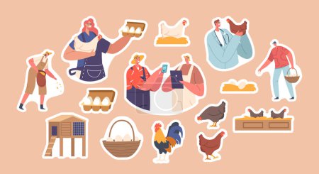 Illustration for Set of Stickers Related to Chicken Livestock. Vet Doctor, Men and Women Farmers Tending To Chickens On Farm, Feeding And Ensuring Their Well-being Isolated Patches. Cartoon People Vector Illustration - Royalty Free Image