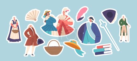 Illustration for Set of Stickers Men And Women in Elegant 18th Century Attire, Wigs and Accessories. Historical Peasant and Aristocrats in Traditional Costumes Isolated Patches. Cartoon PeopleVector Illustration - Royalty Free Image