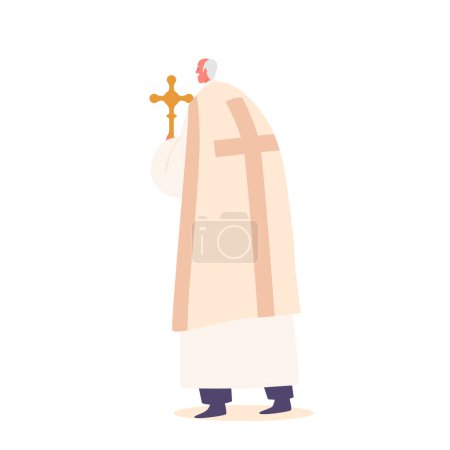 Illustration for Bishop Holding Cross With Pious Expression Rear View Isolated on White Background, Catholic Religious Pope Character Radiates Sense Of Spiritual Calm And Devotion. Cartoon People Vector Illustration - Royalty Free Image