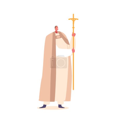 Illustration for Bishop Character in Official Attire Stand With Cross In Hands, Blessing The Congregation. Pope with Symbol Of Faith Radiates A Sense Of Spiritual Calm And Devotion. Cartoon People Vector Illustration - Royalty Free Image