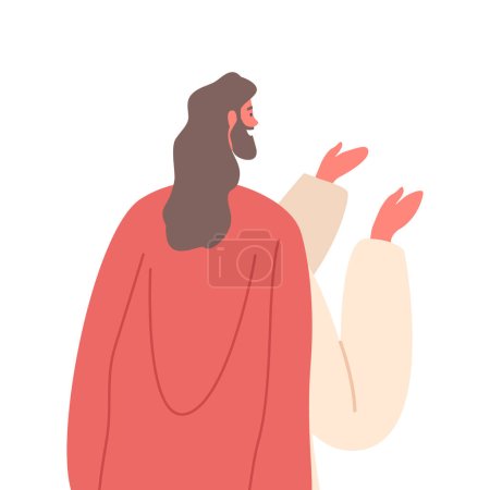 Illustration for Jesus Christ wear Red Cape Rear View Isolated on White Background. Central Figure In Christianity, Is Believed To Be The Son Of God And The Savior Of The World. Cartoon People Vector Illustration - Royalty Free Image