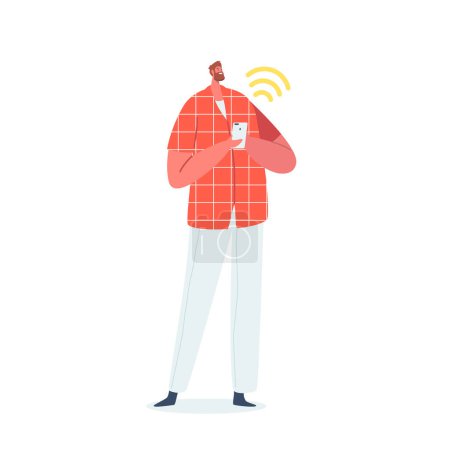 Ilustración de Hombre personaje comprueba su teléfono inteligente, navegar por Internet usando Wi-Fi. El hombre se aprovecha de la conveniencia y la velocidad que ofrece la conectividad inalámbrica. Dibujos animados Gente Vector Ilustración - Imagen libre de derechos