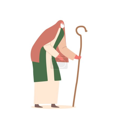 Illustration for Ancient Senior Israelite Man With Beard in Traditional Clothing and Head Covering Standing Full Height with Walking Staff. Isolated Historical or Biblical Character. Cartoon People Vector Illustration - Royalty Free Image