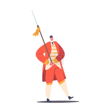 Illustration for Mighty Guard Of The King Dressed In Red Traditional Uniform And Holding A Sharp Spear, Ready To Defend The Kingdom At All Costs Isolated On White Background. Cartoon People Vector Illustration - Royalty Free Image