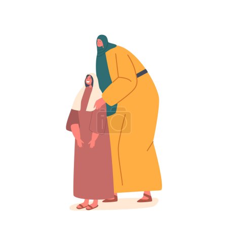 Illustration for Ancient Israelite Woman Holding her Young Daughter Shoulders. Historical or Biblical Characters Representing Motherhood, Promote Family Values Or Cultural Heritage. Cartoon People Vector Illustration - Royalty Free Image