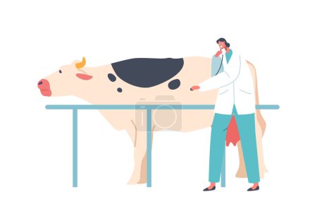 Illustration for Veterinary Doctor Female Character Uses A Stethoscope To Examine The Health Of The Cow. The Doctor Checks The Heartbeat And Other Vital Signs For Any Abnormalities. Cartoon People Vector Illustration - Royalty Free Image