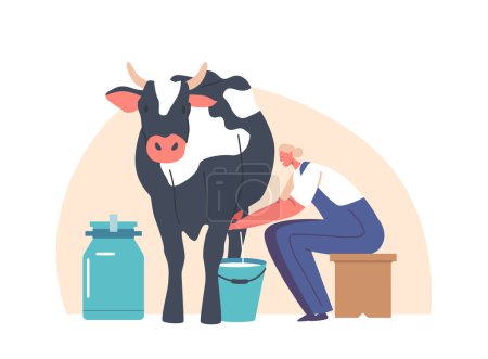 Farmer Female Character Sits On A Stool Next To The Cow, Skillfully Milking into The Bucket. Woman Working on Livestock Produce Dairy Products. Cartoon People Vector Illustration