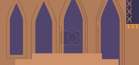 Ilustración de Empty Medieval Palace Hall With Arches retrata un espacio abandonado con gran arquitectura, destacando la gloria del pasado. Castillo o Iglesia Galería Antecedentes. Ilustración de vectores de dibujos animados - Imagen libre de derechos
