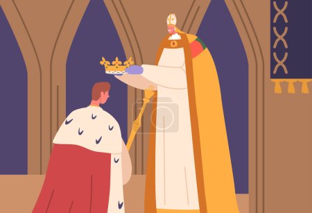 Illustration for King Kneels During Coronation Ceremony. Ruler Character with Bowed Head As A Symbol Of Submission To Divine Authority. Royal Robe Drape Over His Back, Bishop Place Crown On Head. Vector Illustration - Royalty Free Image