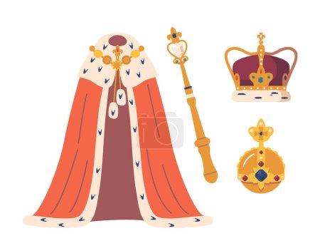 Ilustración de Establecido para la coronación con atributos elegantes, incluyendo una corona de oro, un cetro real, orbe y una túnica carmesí con capa de seda que fluye. Rey Monarquía Símbolos de Poder. Ilustración de vectores de dibujos animados - Imagen libre de derechos