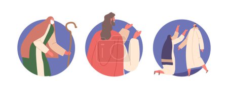 Illustration for Biblical Story Of Resurrection Of Lazarus Isolated Round Icons. Jesus Raises Lazarus From The Dead, Sister Meet Lazarus with Joy, Old Israelite Man with Staff. Cartoon People Vector Illustration - Royalty Free Image