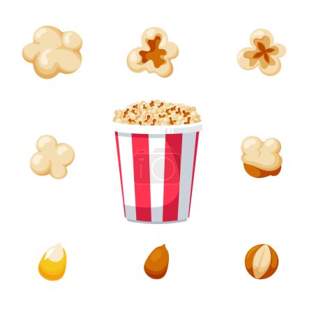 Illustration for Set with Popcorn Bucket Surrounded with Different Seeds Comprises An Array Of Shapes, and Sizes from Whole Grain to Fluffy Cooked Seed. Collection for Snacking Experience. Cartoon Vector Illustration - Royalty Free Image