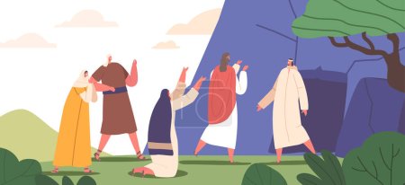Illustration for Resurrection Of Lazarus Biblical Scene. Jesus Performs A Miracle, Bringing Lazarus Back To Life After Four Days In Tomb To The Amazement Of The Crowd Gathered Around Him. Cartoon Vector Illustration - Royalty Free Image