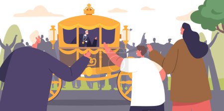 Ilustración de Monarca cabalga en un espléndido carruaje, adornado con Regalia Real, a través de la calle de la ciudad para una gran celebración, rodeado por un séquito de asistentes leales. Dibujos animados Gente Vector Ilustración - Imagen libre de derechos